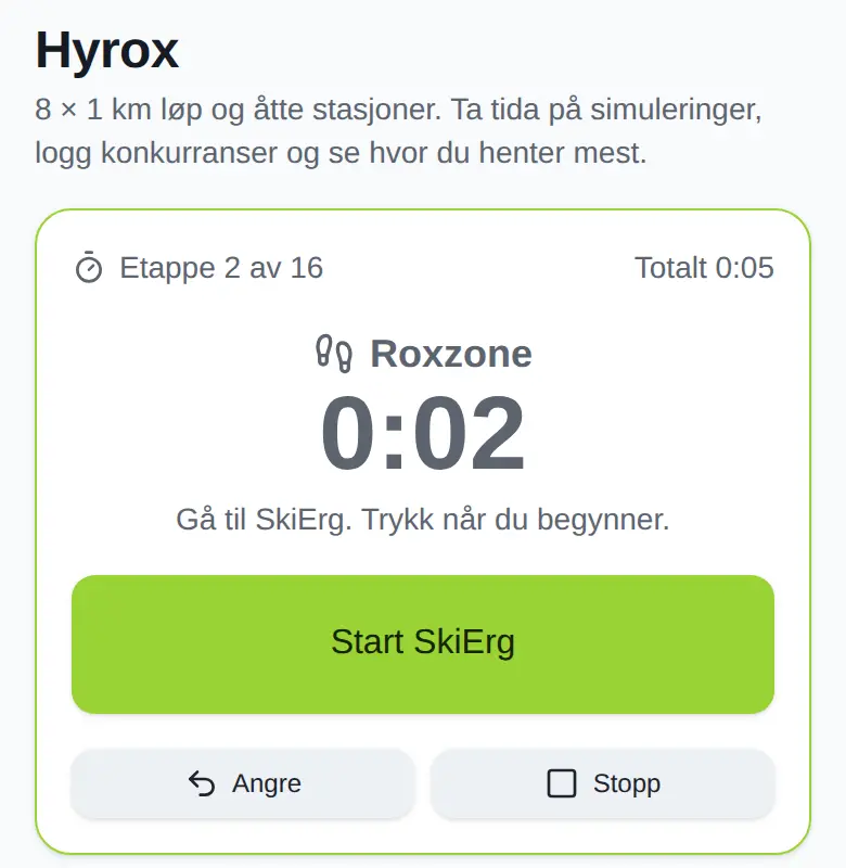 Hyrox-klokka i Løft midt i Roxzone, med knappen «Start SkiErg»