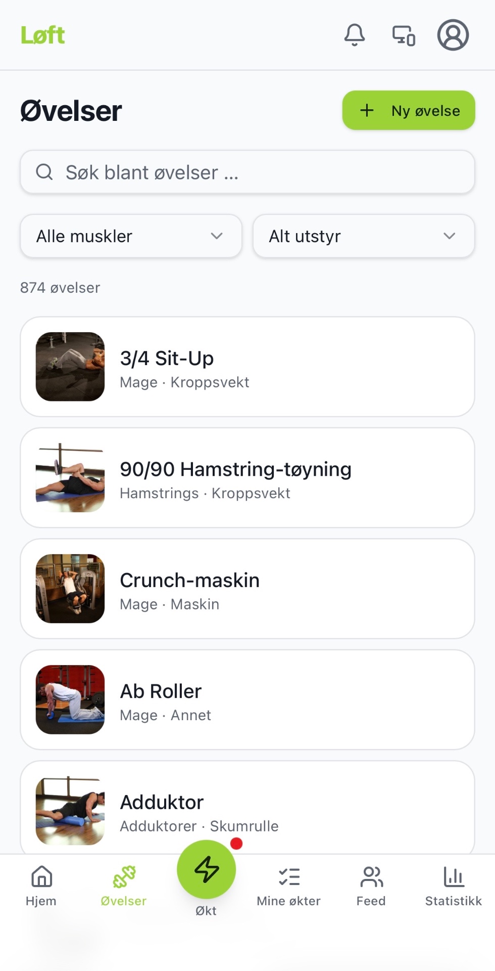 Øvelseslista i Løft med 873 øvelser, hver med bilde, norsk navn, muskelgruppe og utstyr